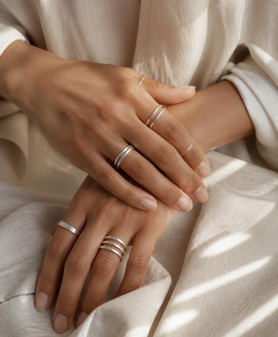 Hands wearing stacked minimalist silver rings